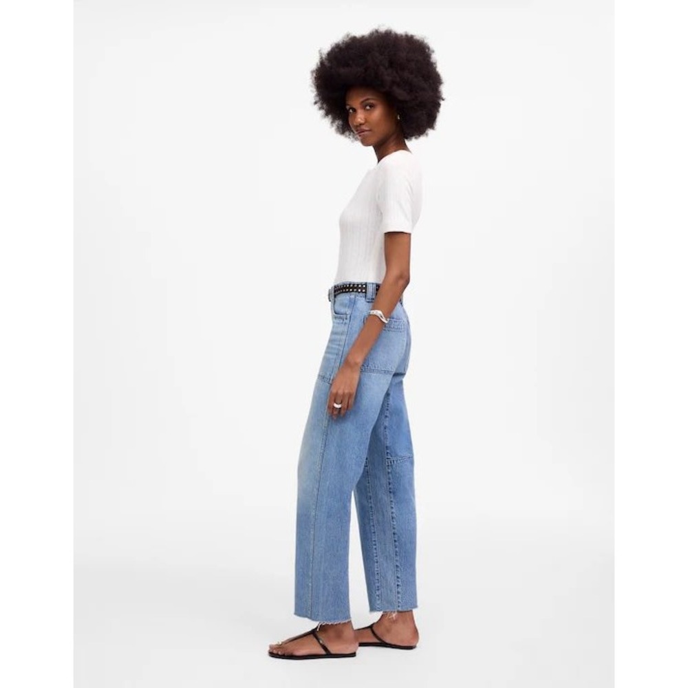 Madewell The Darted Barrel-Leg Jean Frayed Hem Button Fly Patch Pocket 27